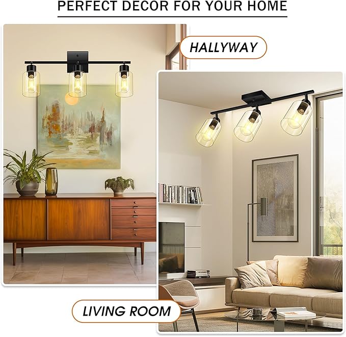 Track Lighting Fixtures Ceiling, 3-Light Track Light with Clear Glass Shade, 23" Modern Kitchen Lighting Ceiling with Rotatable Track Head, Black Wall Light for Vanity Hallway Bedroom(E26, No Bulb)