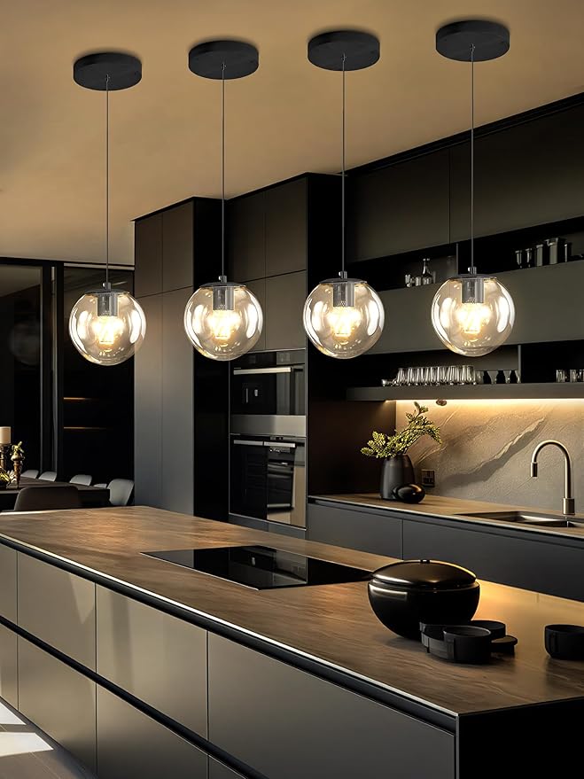 ykolupty Globe Pendant Light Black Pendant Light Fixtures with Clear Glass 1-Light Hanging Lights for Kitchen Dining Room Bathroom Bedroom Hallway