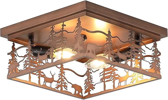 11" Rustic Farmhouse Flush Mount Ceiling Light, 2-Light Metal Fixture with Deer & Bear Design, Square Vintage Industrial Metal Cage Light Perfect for Kitchen, Foyer, Bedroom
