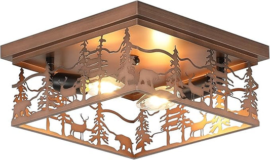 11" Rustic Farmhouse Flush Mount Ceiling Light, 2-Light Metal Fixture with Deer & Bear Design, Square Vintage Industrial Metal Cage Light Perfect for Kitchen, Foyer, Bedroom