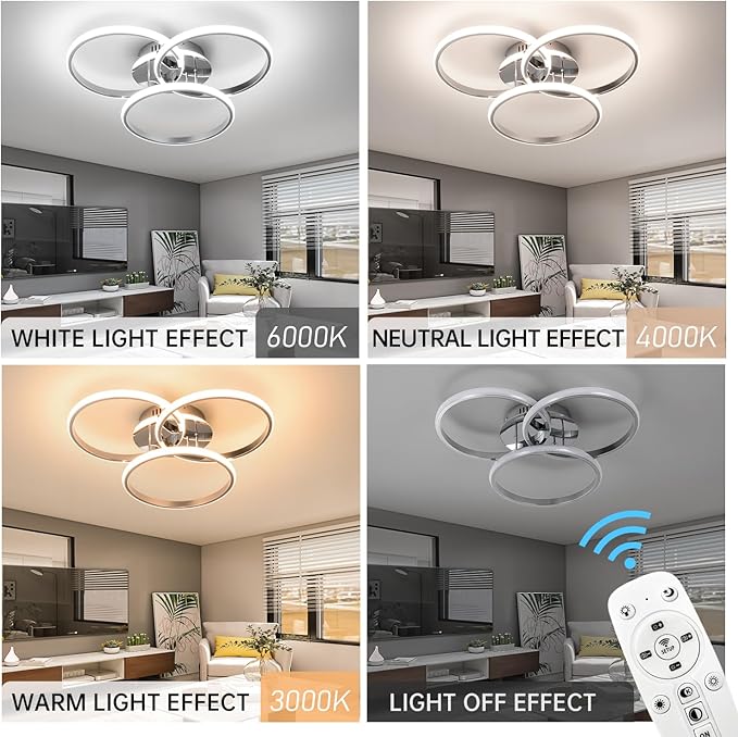 Led Ceiling Light Fixtures, Dimmable Modern Led Ceiling Light with Remote Control, 3000K-6500K Flush Mount Ceiling Light for Bedroom Living Room Dining Room Kitchen (Chrome)