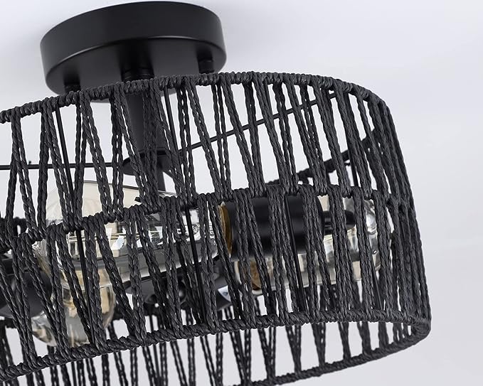 3-Light Coastal Black Woven Flush Mount Light Fixture Rustic Industrial Hemp Rope Flush Mount Ceiling Light for Hallway Bedroom Kitchen Entryway Farmhouse Living Room, Black