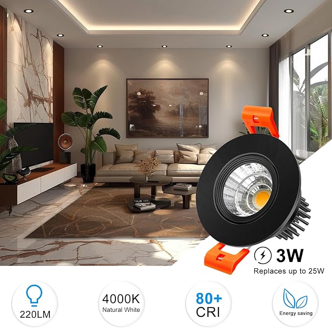 inShareplus 2 Inch LED Downlight, 3W Recessed Lighting 220LM COB Dimmable, 4000K Natural White, CRI80, Black Trim, Ceiling Lights with LED Driver, 12 Pack