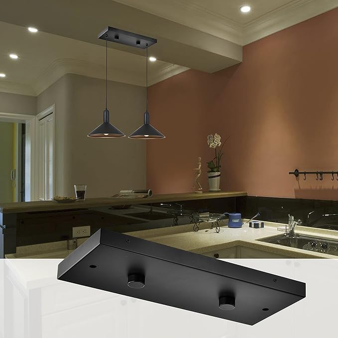 Two Pendant Light Linear Canopy Accessory Light Kit, 14 inch Flush Mount Cluster Canopy, Hanging 2 Lights with One Outlet Box for Kitchen Island, Mounting Hardware Included, Matte Black