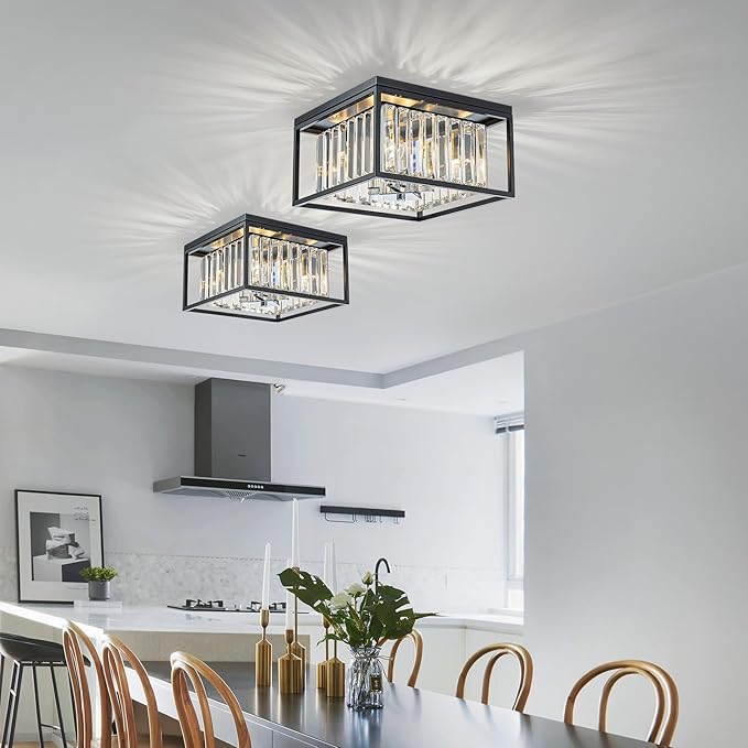 LumFurn 4-Lights K9 Crystal Ceiling Light, Close to Ceiling, 2-Tier Square Flushmount Light Fixture for Living Room, Foyer, Bedroom, L12 x W12 x H7, Clear Crystal, Black & Chrome Finish