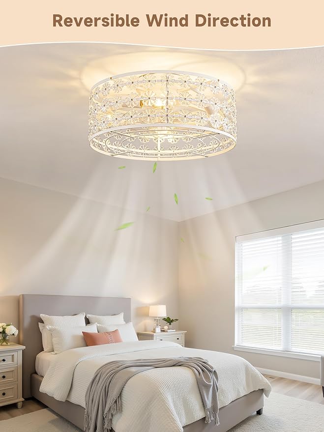 White Caged Ceiling Fan with Light and Remote, Modern Romantic Flower Crystal Ceiling Fans with Lights, Flush Mount Low Profile Fandelier, 6-Speed Reversible for Bedroom,Dining Room,Girls Room,Nursery