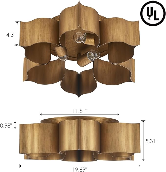VILUXY 19" Flush Mount Ceiling Light, Antique Gold Leaf Finish Petal Light Fixtures Ceiling for Hallway, Entryway, Study Room, Bedroom 3-Light