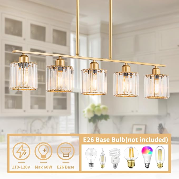 36" Chandeliers for Dining Room, Brass Pendant Lights Kitchen Island Lighting, 5-Light Gold Dining Room Light Fixture Chandeliers over Table Brushed Gold Island Lights for Kitchen, K9 Crystal Shades