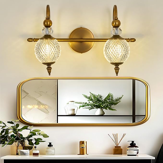 Vintage Vanity Light 2 Lights Gold Bathroom Light Fixtures Over Mirror with Acrylic Globe Shade