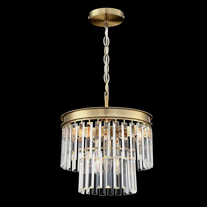 MEXO Crystal Chandelier Lighting Fixture Gold Finish 2-Tier Hanging Pendant Ceiling Lights for Living Room Bedroom Dinning Room Hallway