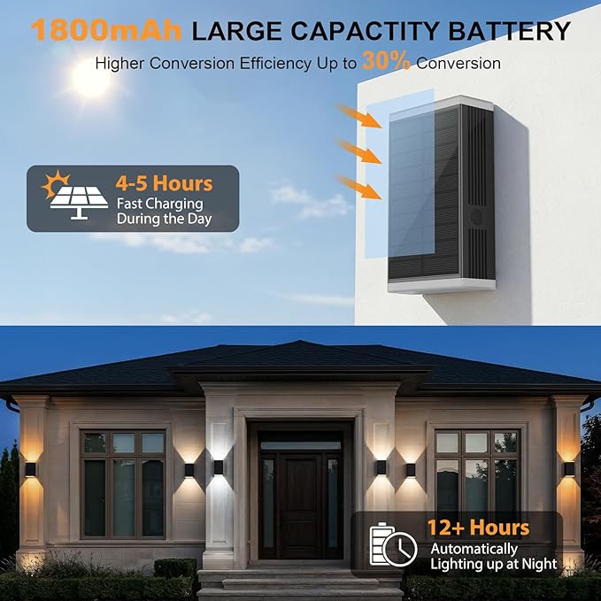 Solar Wall Light Outdoor,3000/4500/6000K/RGB 13 Modes Dusk to Dawn Wall Lighting Solar Sconce Lights IP67 Waterproof Up and Down Solar Lights Outdoor for House, Yard ,Garage, Porch,Fence,Patio(1PCS)