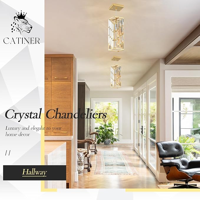 CATINER Gold Crystal Pendant Light, Mini Hanging Pendant Lighting Fixture with Adjustable Cord, Modern Luxury Pendant Light for Kitchen Island, Dining Room, Bedroom, Hallway, E26 Base (1 Pack)