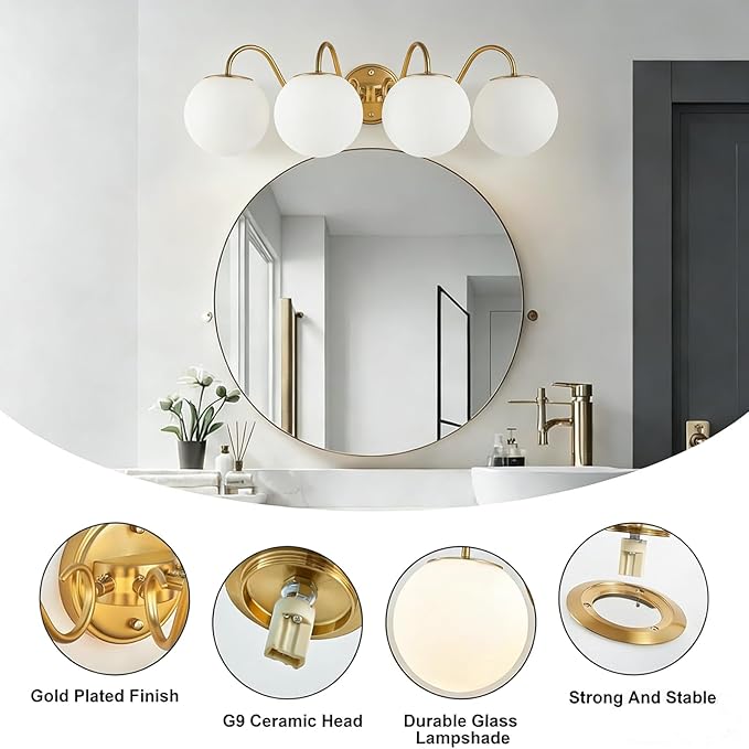 4 Lights Vintage Bathroom Vanity Light Fixtures Over Mirror, Brushed Gold Vanity Lights For Bathroom With Milk White Glass Globe Shade, Wall Lights For Bedroom, Hallway, Dressing Table(G9 Incl.)