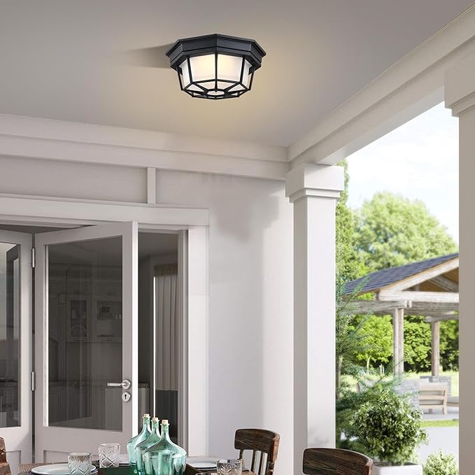 8.5” Black Flush Mount LED Ceiling Light 2700K 3000K 3500K 4000K 5000K Octagonal Outdoor Porch Lights Black 8.5inch Outside Ceiling Light for Patio,Aluminum Alloy and Glass,14W, 120V, 750lm-1000Lm