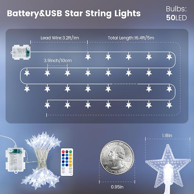 HEYFUNi White Star String Lights with Remote, 16FT USB/Battery Powered | 50LED Twinkle Lights with Remote, 2/4/6/8h Timer, 8 Modes, 4 Brightness & Speed, Fairy Lights for Bedroom, Dorm,Nursery Decor