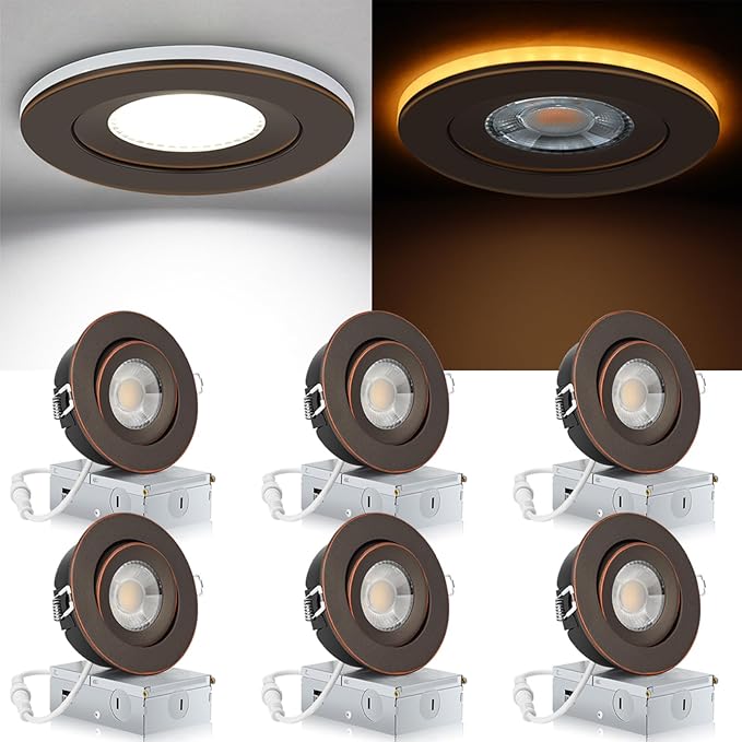 KnLnny Ware Oil Rubbed Bronze Recessed Lighting 4 Inch with Night Light 6 Pack,Gimbal Led Lights with Junction Box,5CCT Selectable,9W 750LM,Dimmable