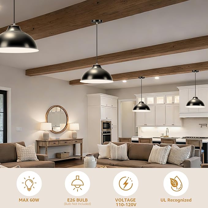 Balck Pendant Lights for Kitchen Island,Farmhouse Pendant Light Fixtures with Shade,Adjustable Height Hanging Lights for Bedroom Dining Room Entryways