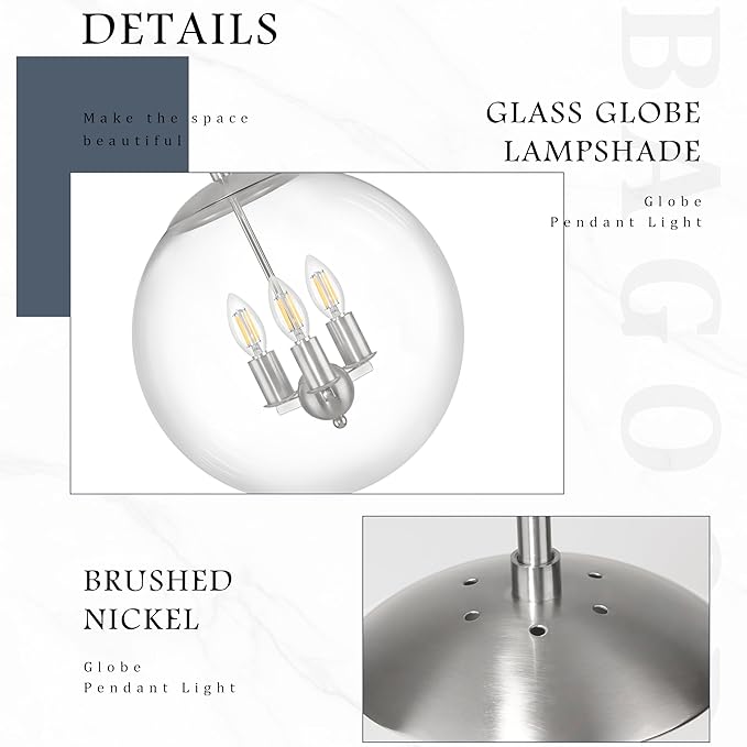 Bagood 14 Inch Globe Pendant Light Nickel Large Globe Pendant Lights Kitchen Island Mid Century Light Fixture with Hight Clear Glass Adjustable Hanging Lights for Living Room Foyer (Bulb Included)