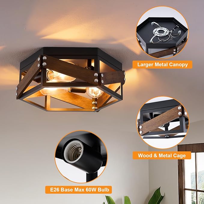 Farmhouse Flush Mount Ceiling Light, 3-Light Hallway Lights with Metal and Wood, Industrial Kitchen Light Fixtures Ceiling Mount, Rustic Black Chandelier for Bedroom Living Room Bathroom