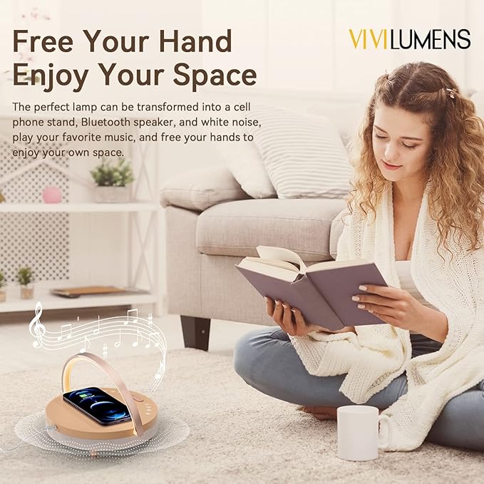 Vivilumens Gifts for Mom 6 in 1 Bedside Lamps with Wireless Charger Bluetooth Speaker White Noise Machine Music Table Lamp with Night Light Personalized Birthday Gift for Women Teens Girls(Rosy Beige