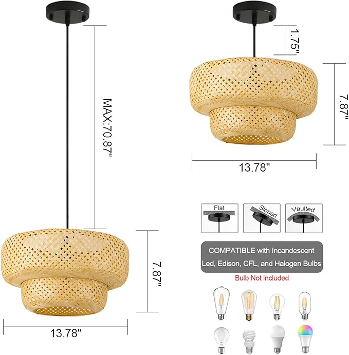 Farmhouse Bamboo Pendant Lights Hand-Woven Dining Room Light 13.78" Coastal Natural Wicker Pendant Light Rattan Hanging Lighting Fixture for Kitchen Island Living Room Bedroom Restaurant Foryer