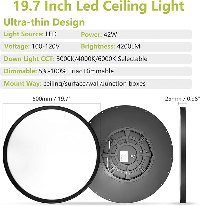 20 Inch LED Flush Mount Ceiling Light, 42W 4200LM Dimmable, 3000K/4000K/6000K Color Temperature Selectable, Ultra Slim Low Profile Ceiling Lighting Fixture for Kitchen Bedroom Laundry Hallway, Black