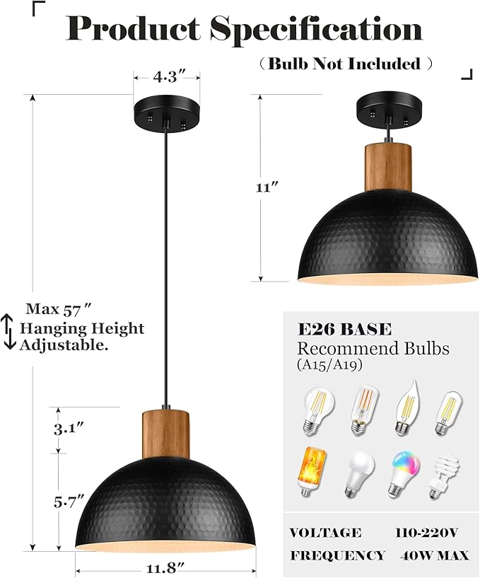 ELYONA 12" Hammered Metal Pendant Light, Rubber Wood Dome Hanging Lamp, Modern Pendant Light Fixtures for Kitchen Island, Bar, Farmhouse Dining Room, Bedroom, Hallway - Black