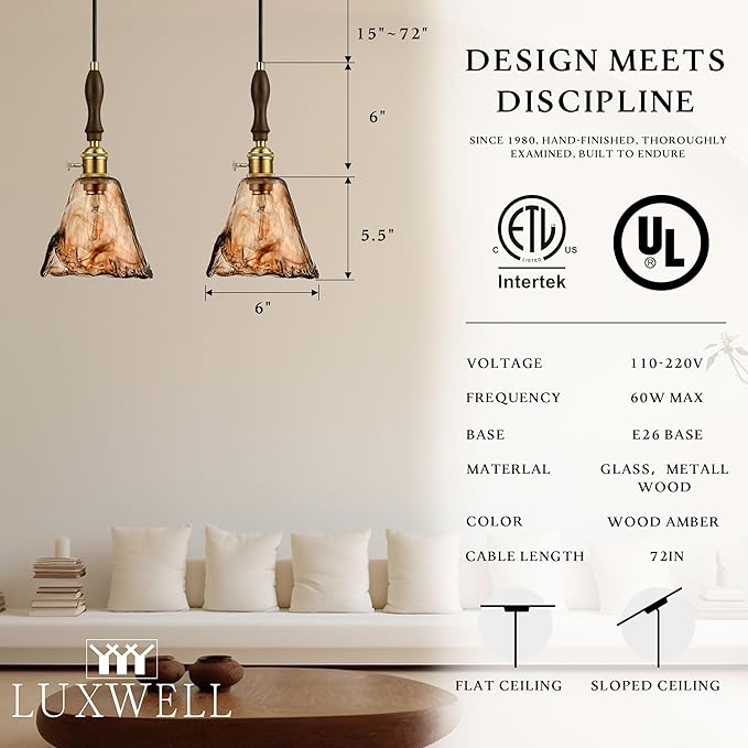 Modern Amber Glass Pendant Light, 6"x11.5" Floral Bell-Shaped Hanging Light with Wood Handle & Brass Cap, 15"-72" Adjustable Line, E26 Socket – Golden Amber Morning Glory