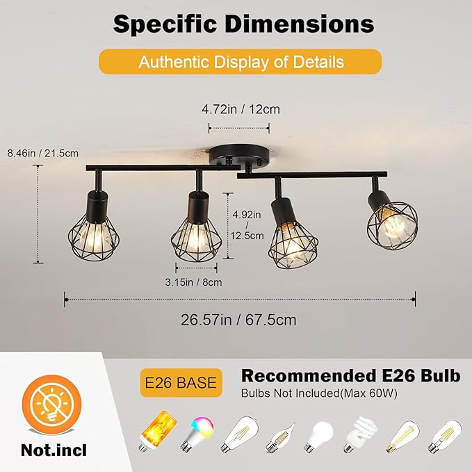 4-Light Track Lighting Fixtures Ceiling, Adjustable Black Track Light Fixture with Metal Wire Cage Farmhouse Chandelier for Dining Room,Kitchen, Bedroom, Hallway, E26 Base(Bulbs Not Included)