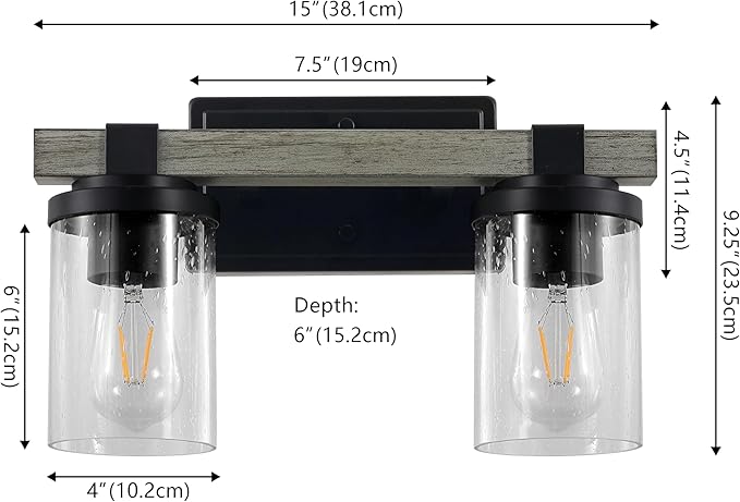 JONATHAN Y 15" Black/Gray Oak Wood Finish LED Vanity Light, Rustic Farmhouse Sconce, Clear Seeded Glass Shade, Industrial Wall Lamp for Bathroom Mirror, Kitchen Sink, LED Bulb (JYL7508B)