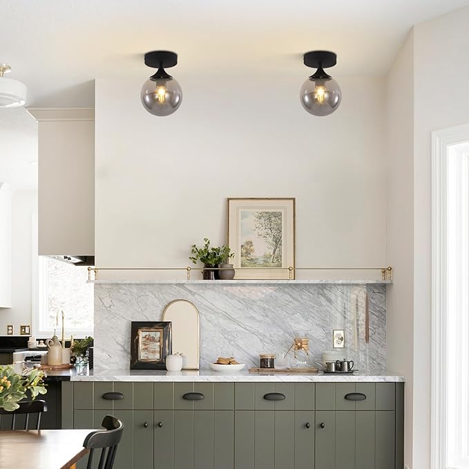 KCO Lighting Mid Century Modern Black Semi Flush Mount Ceiling Light Smoke Grey Globe Glass Ceiling Light Industrial Hallway Close to Ceiling Lights for Porch Bedroom Living Room