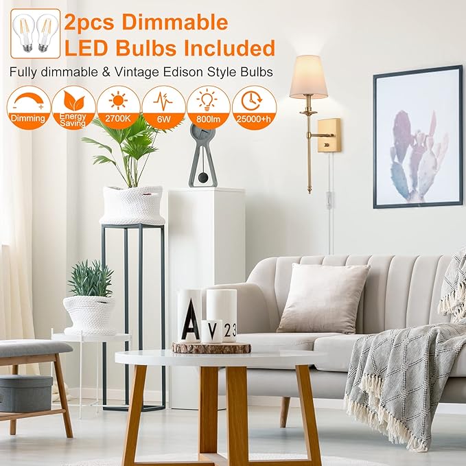 Dimmable Wall Sconces Set of Two, Plug in Wall Sconces White Fabric Shade, Wall Lamp for Bedroom, Living room, Plug in Wall Light Sconces Wall Decor Set of 2, LED Bulbs Included, Antique Brass