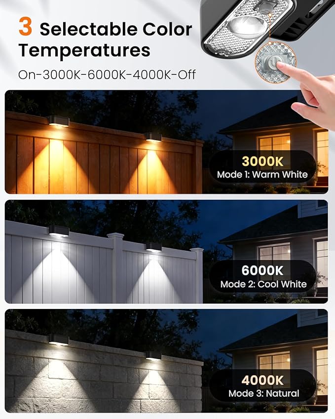 JOFIOS Fence Lights Solar Powered 12 Pack, 3000/4000/6000K 3 Modes, IP44 Waterproof Solar Deck Lights Outdoor, Dusk to Dawn Solar Step Lights for Outside, Deck, Backyard, Step, Patio, Stair Railings