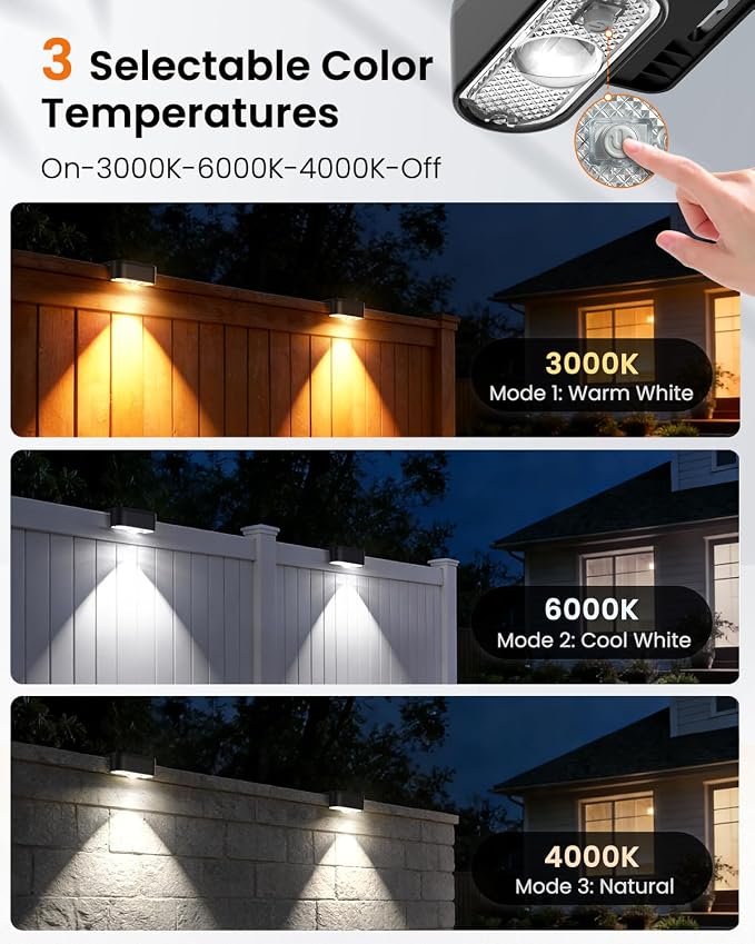 JOFIOS Solar Deck Lights Outdoor 8 Packs, 3000/4000/6000K 3 Modes, Solar Fence Lights outdoor Waterproof, Solar Step Lights for outsidefor Deck, Stair, Step, Fence, Wall, Patio, Yard, Pool and Pathway