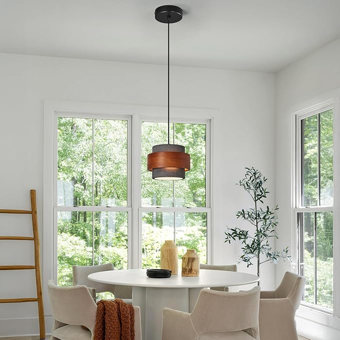 Modern Cement Pendant Light Fixture,Concrete Pendant Lights with Wood Accent,Vintage Farmhouse Chandelier for Kitchen Island Dining Room Living Room Bedroom Restaurant Cafe,(Black 1-Pack)