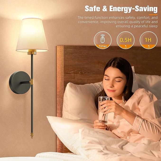 NIORSUN 19.9 inch Battery Operated Wall Sconce Set of 2,Gold-Black Rechargeable Wall Lights with 5200mAh Dimmable Detachable Bulbs and Remote,10 Colors Wireless Sconces for Bedroom Living Room Hallway