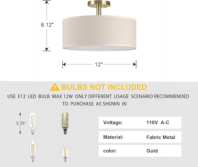3 Light 12 Inch Semi Flush Mount Close to Ceiling Light Fixture,Off White Fabric Shade Gold Finish for Bedroom,Living Room,Dining Room Hallway