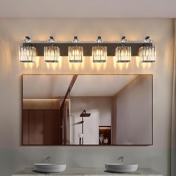 Modern Bathroom Vanity Light, 6-Light Black Bathroom Lighting Fixtures Over Mirror, 44.1" Crystal Wall Light Sconce for Bathroom/Bedroom/Vanity, Includes LED Bulbs, Easy Installation