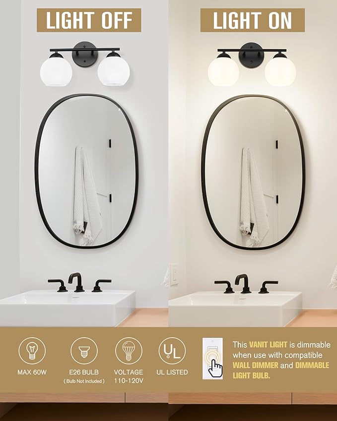 Emak Black Vanity Lights for Mirror, Modern Farmhouse 2-Light Bathroom Light Fixtures Globe Bathroom Vanity Light with Milk Glass Shade, VL114-BK-ML-2