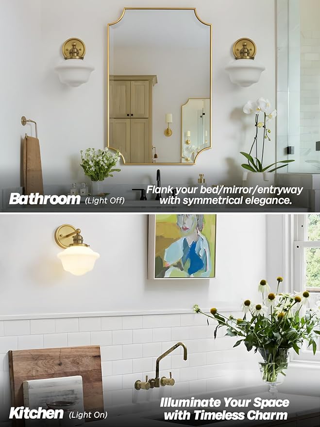 Gold Wall Sconce, Vintage Bathroom Vanity Light, Modern Frosted Milk Glass Sconces Brass Wall Lights for Living Room Bedroom Kitchen Hallway Stairway E26 Hardwire Indoor