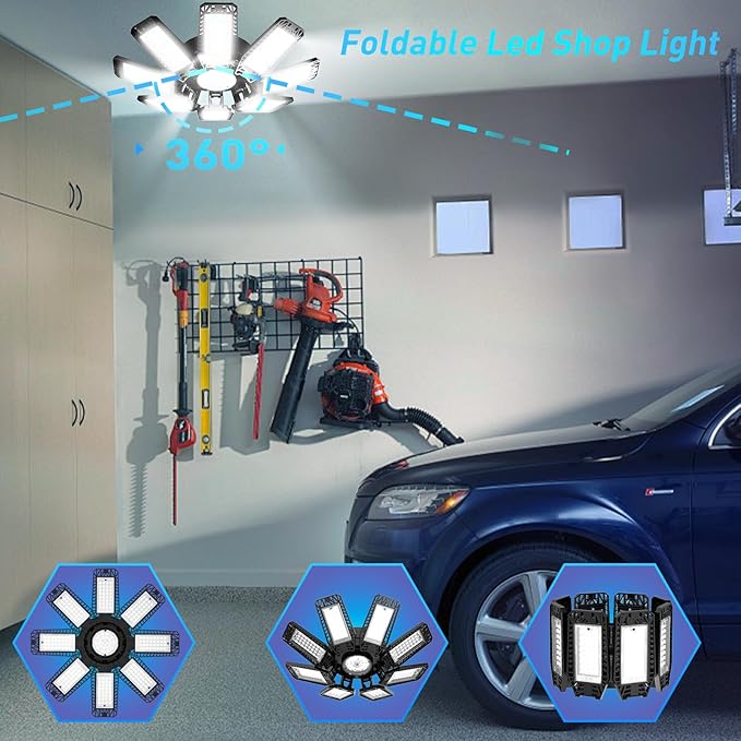 ISKYDRAW LED Garage Lights 6 Pack, 240W 24000LM Bright Shop Lights, Deformable Garage Lights Ceiling LED with 8 +1 Adjustable Panels, Screw in Bay Lighting for Garage Workshop Basement Barn Warehouse