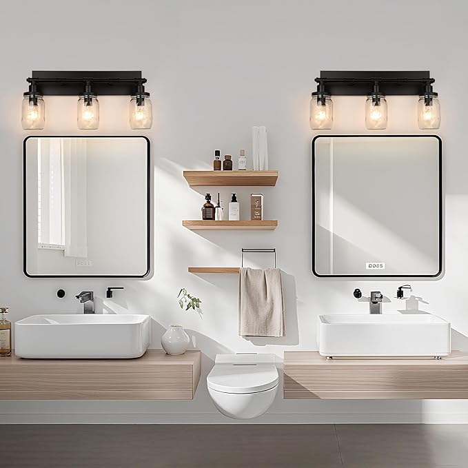 3-Light Bathroom Vanity Light, Black Bathroom Light Fixtures over Mirror, Vintage Wall Sconces with Clear Glass Shade, Industrial Farmhouse Mason Jar Wall Lamp for Bedroom Hallway Living Room