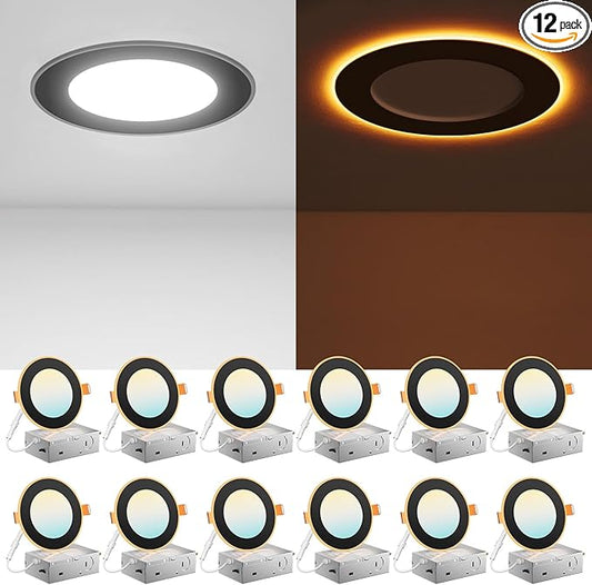 Amico 12 Pack Black 4 Inch 5CCT LED Recessed Ceiling Light with Night Light, 2700K/3000K/3500K/4000K/5000K Selectable Ultra-Thin Lighting, 10W=90W, 700LM, Dimmable Canless Wafer Downlight - ETL&FCC