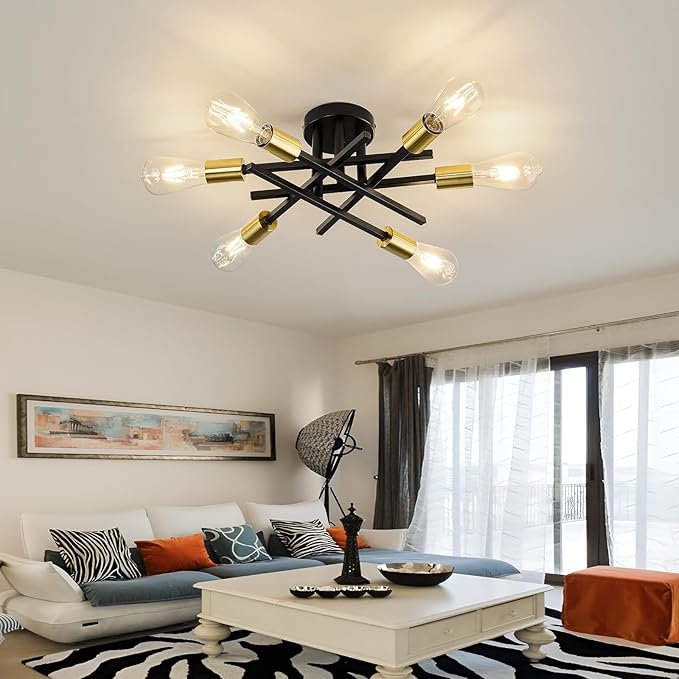 ASGYISA 6-Lights Sputnik Semi Flush Mount Ceiling Light Fixture Modern Metal Black and Gold Chandeliers with E26 Bulb Base Close to Ceiling Light for Kitchen Dining Room Living Room Hallway Bedroom