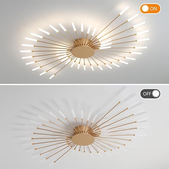 ziidoo Modern Ceiling Light, 42 Lights Metal Firework Designed Chic Led Lighting Fixture for Farmhouse Kitchen Dining Room Bedroom Hallway Living Room (Gold and Dark Gold)