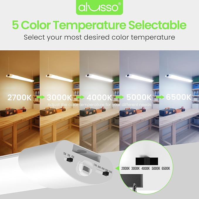 ALUSSO® LED Shop Lights 4FT for Garage, 4800LM Super Bright, Adjustable 2700K-6500K Color Temperature, 120V, Warm to Cool Daylight Linkable Shop Lights for Workshop/Basement, ETL Listed, 10 Pack