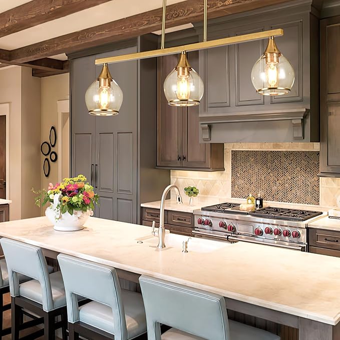 Island Light for Kitchen, 3-Light Gold Kitchen Island Linear Hanging Pendant Chandeliers, Brushed Gold Dining Room Light Fixture Over Table with Clear Round Glass Shades