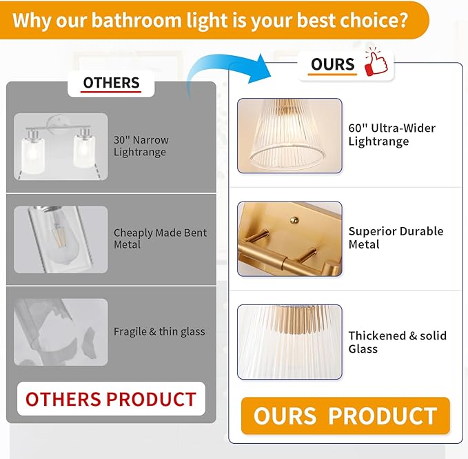 OCIOC 4-Light Bathroom Vanity Light, Burshed Gold Bathroom Light With Stripe Glass Shade, Makeup Light over Mirror, Wall Mounted Sconces for Living room, Kitchen, Hallway