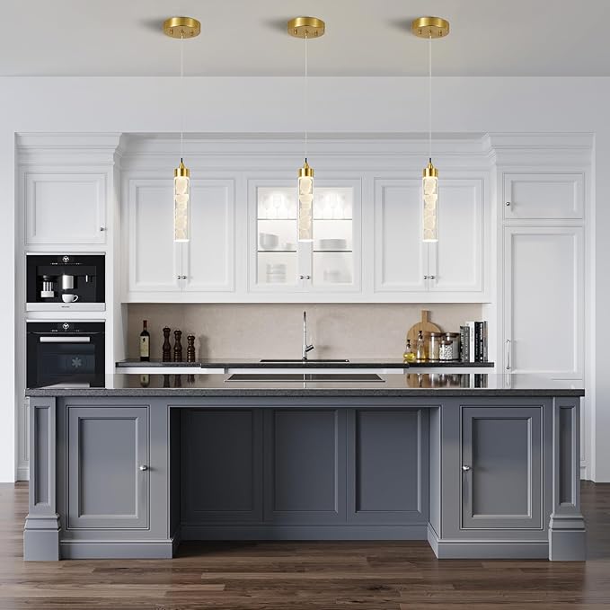 Pendant Lights Kitchen Island, Modern Mini Pendant Light Fixtures with Crystal Stone, Dimmable LED Chandelier, Gold Hanging Light Fixture for Dining Room Hallway, 3000K/4000K/5000K Adjustable, ETL