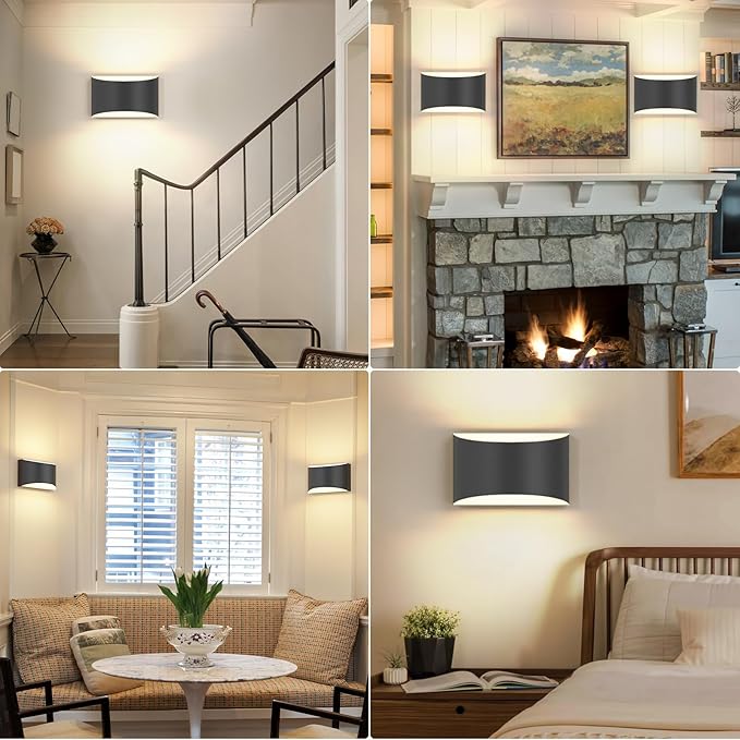 FOLKSMATE Modern LED Wall Sconces Set of 2, 3000K Warm White Up and Down Mount Light, Matte Black Large Interior Wall Lights Hardwired Lamp for Indoor Living Room Bedroom Hallway Basement Stairway